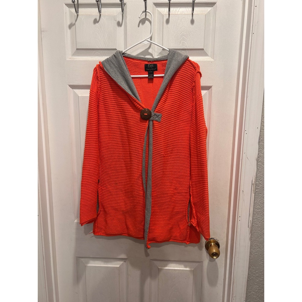 Pure Handknit for Fresh Produce Orange Cotton Knit Hooded Cardigan Sweater L/XL